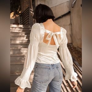 Style Streak Ivory Satin Square Neck Tie-Back Long Sleeve Top